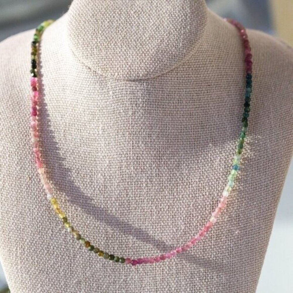 Watermelon Tourmaline Dainty Beaded Necklace Colorful Stacking Gemstone Necklace - Picture 3 of 11